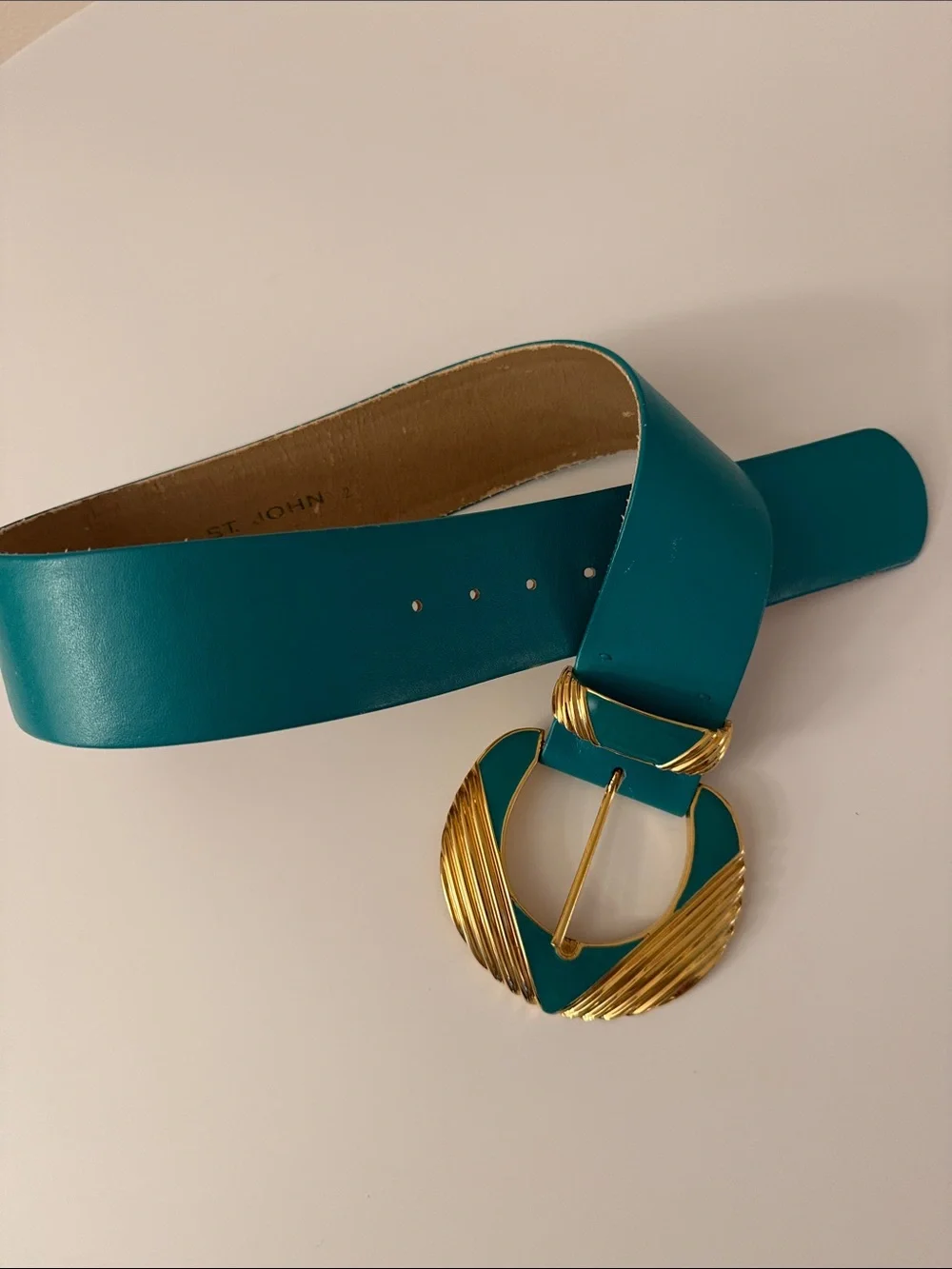 St. John blue green 2” wide Leather Belt Enamel VINTAGE Gold 9576 sz 2 80s power - Picture 8 of 8
